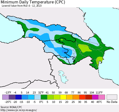 Azerbaijan, Armenia and Georgia Minimum Daily Temperature (CPC) Thematic Map For 3/6/2023 - 3/12/2023
