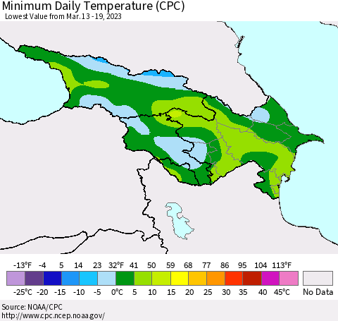 Azerbaijan, Armenia and Georgia Minimum Daily Temperature (CPC) Thematic Map For 3/13/2023 - 3/19/2023