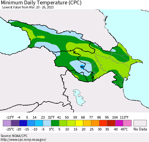 Azerbaijan, Armenia and Georgia Minimum Daily Temperature (CPC) Thematic Map For 3/20/2023 - 3/26/2023