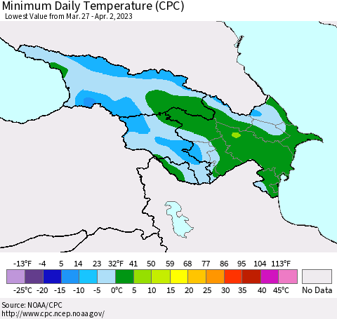 Azerbaijan, Armenia and Georgia Minimum Daily Temperature (CPC) Thematic Map For 3/27/2023 - 4/2/2023