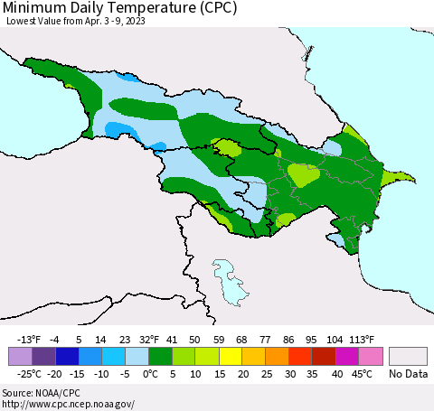Azerbaijan, Armenia and Georgia Minimum Daily Temperature (CPC) Thematic Map For 4/3/2023 - 4/9/2023