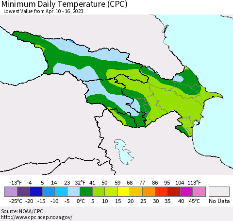 Azerbaijan, Armenia and Georgia Minimum Daily Temperature (CPC) Thematic Map For 4/10/2023 - 4/16/2023