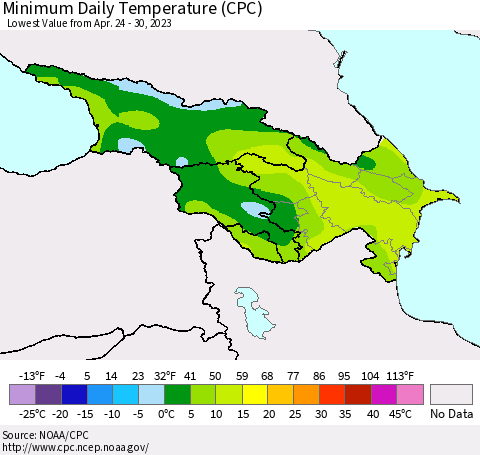 Azerbaijan, Armenia and Georgia Minimum Daily Temperature (CPC) Thematic Map For 4/24/2023 - 4/30/2023