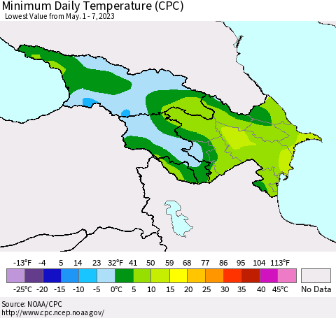 Azerbaijan, Armenia and Georgia Minimum Daily Temperature (CPC) Thematic Map For 5/1/2023 - 5/7/2023