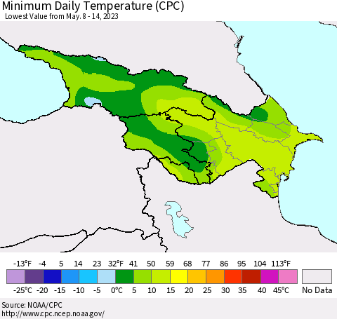 Azerbaijan, Armenia and Georgia Minimum Daily Temperature (CPC) Thematic Map For 5/8/2023 - 5/14/2023