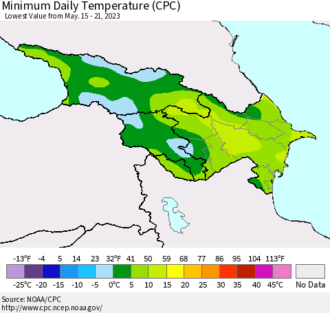Azerbaijan, Armenia and Georgia Minimum Daily Temperature (CPC) Thematic Map For 5/15/2023 - 5/21/2023