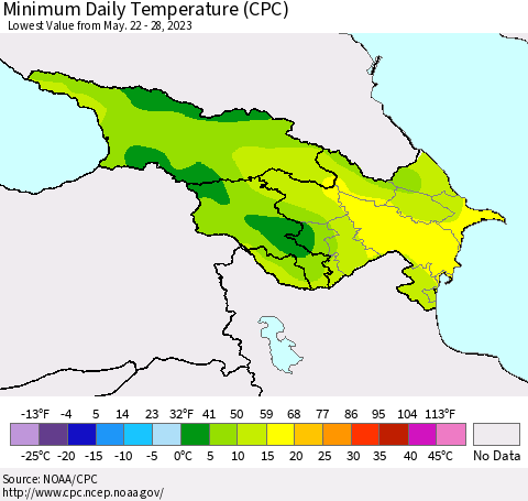 Azerbaijan, Armenia and Georgia Minimum Daily Temperature (CPC) Thematic Map For 5/22/2023 - 5/28/2023