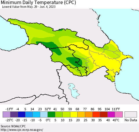 Azerbaijan, Armenia and Georgia Minimum Daily Temperature (CPC) Thematic Map For 5/29/2023 - 6/4/2023