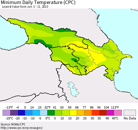 Azerbaijan, Armenia and Georgia Minimum Daily Temperature (CPC) Thematic Map For 6/5/2023 - 6/11/2023