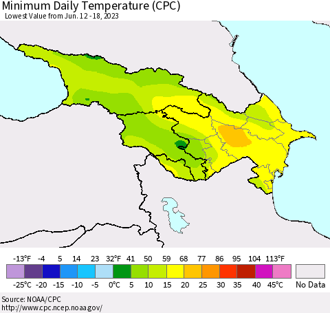 Azerbaijan, Armenia and Georgia Minimum Daily Temperature (CPC) Thematic Map For 6/12/2023 - 6/18/2023