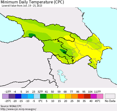 Azerbaijan, Armenia and Georgia Minimum Daily Temperature (CPC) Thematic Map For 6/19/2023 - 6/25/2023