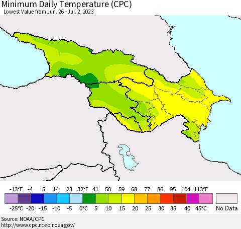 Azerbaijan, Armenia and Georgia Minimum Daily Temperature (CPC) Thematic Map For 6/26/2023 - 7/2/2023