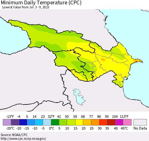 Azerbaijan, Armenia and Georgia Minimum Daily Temperature (CPC) Thematic Map For 7/3/2023 - 7/9/2023