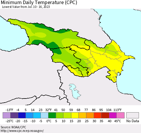 Azerbaijan, Armenia and Georgia Minimum Daily Temperature (CPC) Thematic Map For 7/10/2023 - 7/16/2023