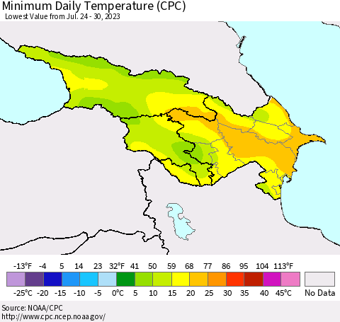 Azerbaijan, Armenia and Georgia Minimum Daily Temperature (CPC) Thematic Map For 7/24/2023 - 7/30/2023