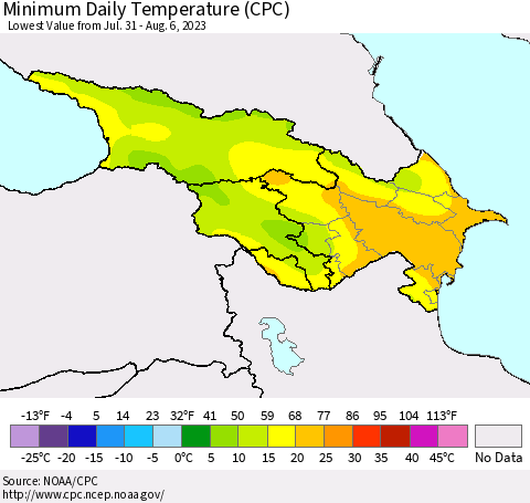 Azerbaijan, Armenia and Georgia Minimum Daily Temperature (CPC) Thematic Map For 7/31/2023 - 8/6/2023