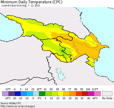 Azerbaijan, Armenia and Georgia Minimum Daily Temperature (CPC) Thematic Map For 8/7/2023 - 8/13/2023
