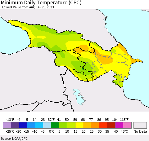 Azerbaijan, Armenia and Georgia Minimum Daily Temperature (CPC) Thematic Map For 8/14/2023 - 8/20/2023