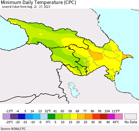 Azerbaijan, Armenia and Georgia Minimum Daily Temperature (CPC) Thematic Map For 8/21/2023 - 8/27/2023