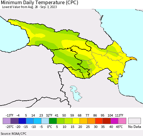 Azerbaijan, Armenia and Georgia Minimum Daily Temperature (CPC) Thematic Map For 8/28/2023 - 9/3/2023