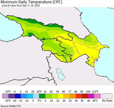 Azerbaijan, Armenia and Georgia Minimum Daily Temperature (CPC) Thematic Map For 9/4/2023 - 9/10/2023