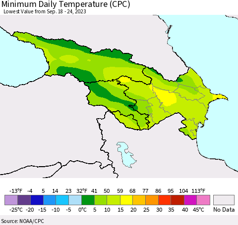 Azerbaijan, Armenia and Georgia Minimum Daily Temperature (CPC) Thematic Map For 9/18/2023 - 9/24/2023