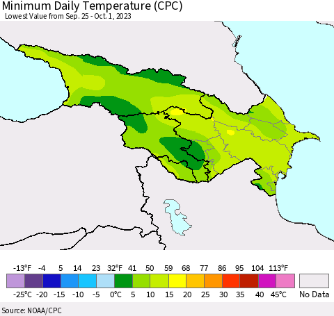 Azerbaijan, Armenia and Georgia Minimum Daily Temperature (CPC) Thematic Map For 9/25/2023 - 10/1/2023