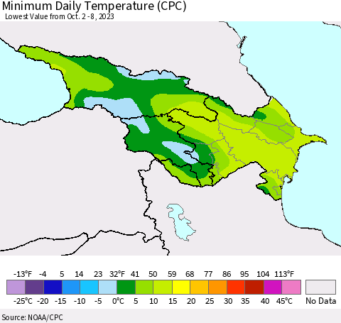 Azerbaijan, Armenia and Georgia Minimum Daily Temperature (CPC) Thematic Map For 10/2/2023 - 10/8/2023