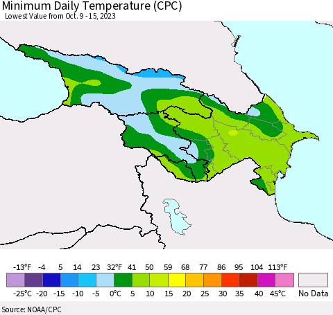 Azerbaijan, Armenia and Georgia Minimum Daily Temperature (CPC) Thematic Map For 10/9/2023 - 10/15/2023