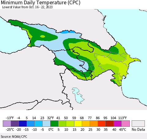 Azerbaijan, Armenia and Georgia Minimum Daily Temperature (CPC) Thematic Map For 10/16/2023 - 10/22/2023