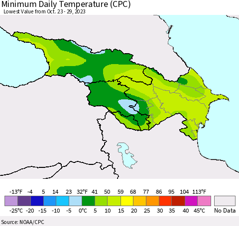Azerbaijan, Armenia and Georgia Minimum Daily Temperature (CPC) Thematic Map For 10/23/2023 - 10/29/2023