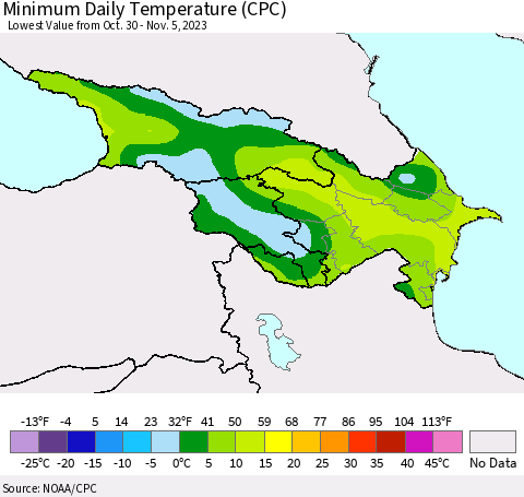 Azerbaijan, Armenia and Georgia Minimum Daily Temperature (CPC) Thematic Map For 10/30/2023 - 11/5/2023