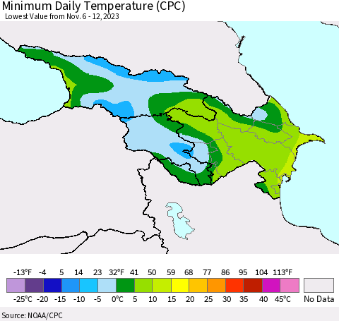 Azerbaijan, Armenia and Georgia Minimum Daily Temperature (CPC) Thematic Map For 11/6/2023 - 11/12/2023