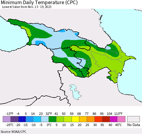 Azerbaijan, Armenia and Georgia Minimum Daily Temperature (CPC) Thematic Map For 11/13/2023 - 11/19/2023