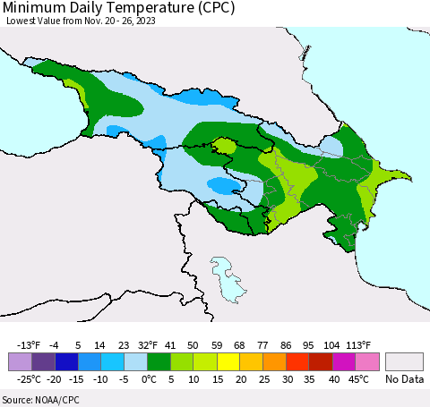 Azerbaijan, Armenia and Georgia Minimum Daily Temperature (CPC) Thematic Map For 11/20/2023 - 11/26/2023