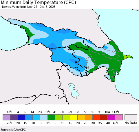 Azerbaijan, Armenia and Georgia Minimum Daily Temperature (CPC) Thematic Map For 11/27/2023 - 12/3/2023