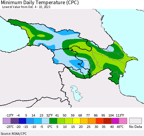 Azerbaijan, Armenia and Georgia Minimum Daily Temperature (CPC) Thematic Map For 12/4/2023 - 12/10/2023