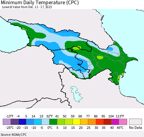 Azerbaijan, Armenia and Georgia Minimum Daily Temperature (CPC) Thematic Map For 12/11/2023 - 12/17/2023