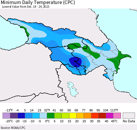 Azerbaijan, Armenia and Georgia Minimum Daily Temperature (CPC) Thematic Map For 12/18/2023 - 12/24/2023