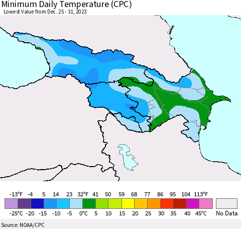 Azerbaijan, Armenia and Georgia Minimum Daily Temperature (CPC) Thematic Map For 12/25/2023 - 12/31/2023