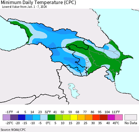 Azerbaijan, Armenia and Georgia Minimum Daily Temperature (CPC) Thematic Map For 1/1/2024 - 1/7/2024