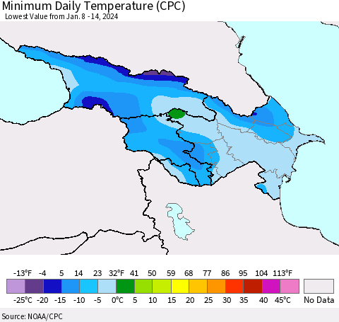 Azerbaijan, Armenia and Georgia Minimum Daily Temperature (CPC) Thematic Map For 1/8/2024 - 1/14/2024