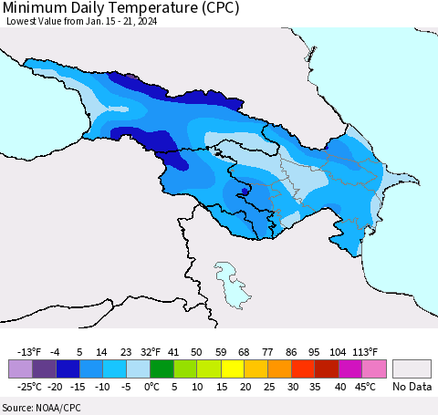 Azerbaijan, Armenia and Georgia Minimum Daily Temperature (CPC) Thematic Map For 1/15/2024 - 1/21/2024