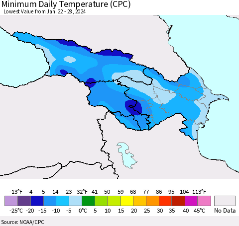 Azerbaijan, Armenia and Georgia Minimum Daily Temperature (CPC) Thematic Map For 1/22/2024 - 1/28/2024