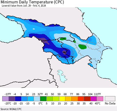 Azerbaijan, Armenia and Georgia Minimum Daily Temperature (CPC) Thematic Map For 1/29/2024 - 2/4/2024