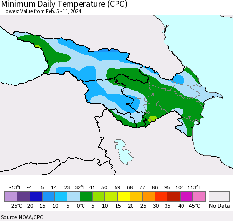 Azerbaijan, Armenia and Georgia Minimum Daily Temperature (CPC) Thematic Map For 2/5/2024 - 2/11/2024