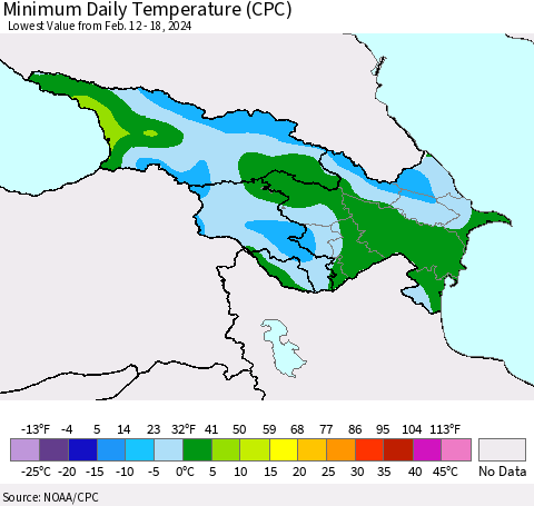 Azerbaijan, Armenia and Georgia Minimum Daily Temperature (CPC) Thematic Map For 2/12/2024 - 2/18/2024