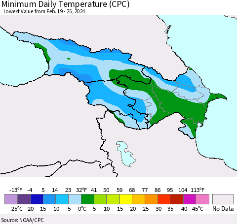 Azerbaijan, Armenia and Georgia Minimum Daily Temperature (CPC) Thematic Map For 2/19/2024 - 2/25/2024