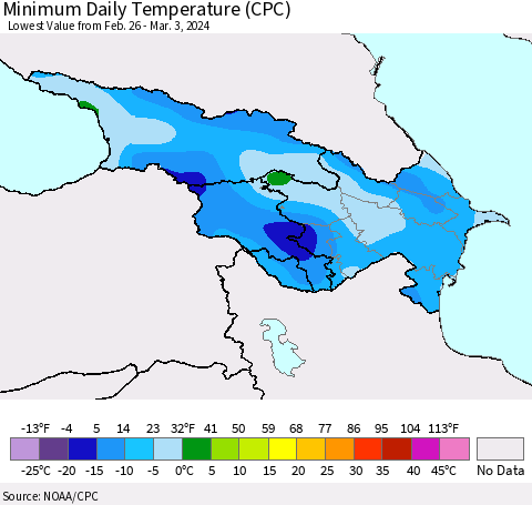 Azerbaijan, Armenia and Georgia Minimum Daily Temperature (CPC) Thematic Map For 2/26/2024 - 3/3/2024