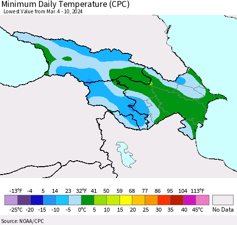 Azerbaijan, Armenia and Georgia Minimum Daily Temperature (CPC) Thematic Map For 3/4/2024 - 3/10/2024